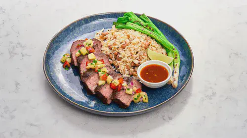 Jerk Beef Steak with Rice & Beans, Pineapple Hot Sauce and Salsa Image 